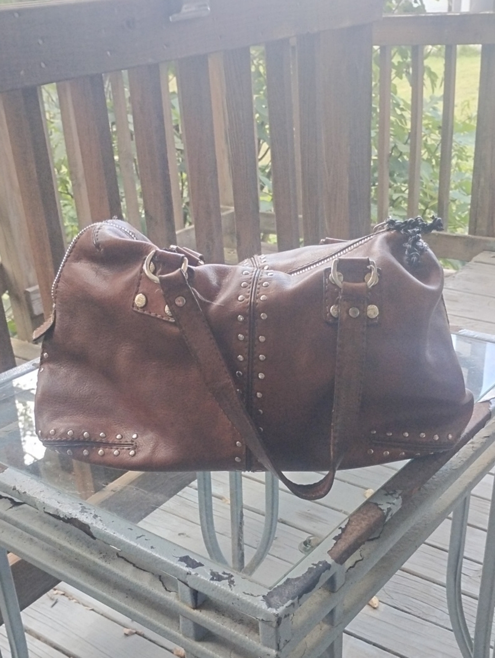 Brown Studded Leather Shoulder Bag